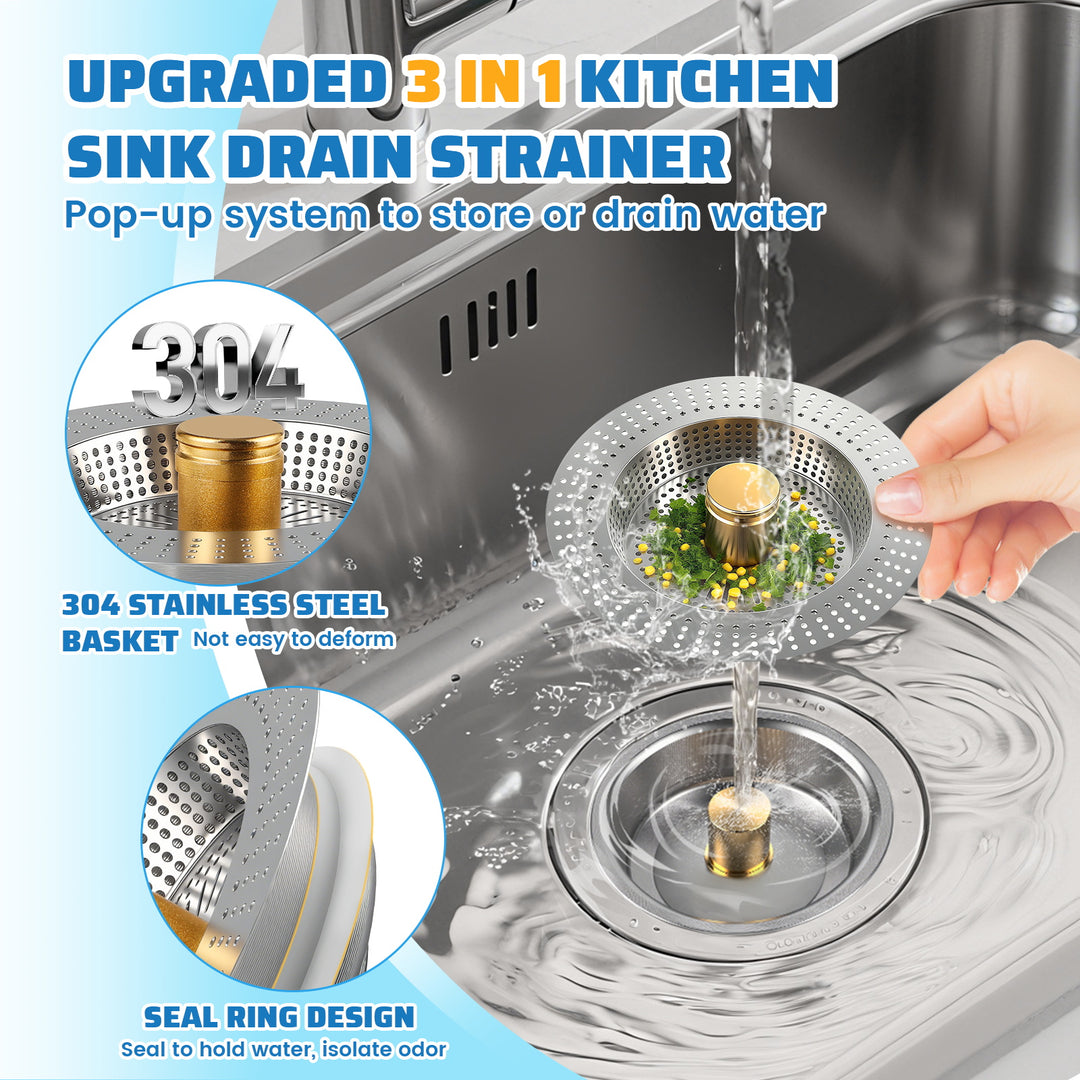 SAMODRA Upgraded 3 in 1 Kitchen Sink Strainer and Stopper, Stainless Steel Sink Drain Strainer Combo for Kitchen Sink, US Standard 3-1/2'' Drain, Anti-Clogging