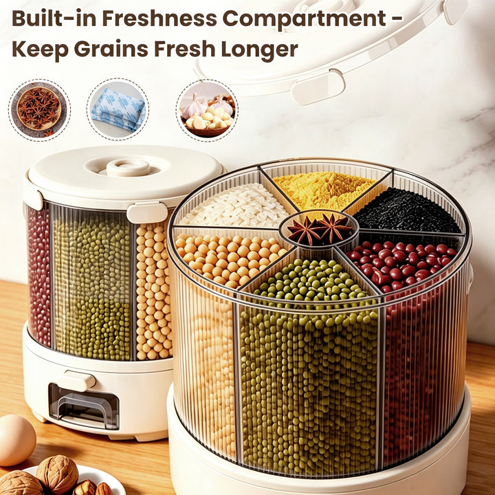 SAMODRA Rotating Grain and Rice Storage Container, 6-Compartment Glass-Like Clear Food Storage Container, One-Press 22lb Large Food Dispenser for Pantry Organization