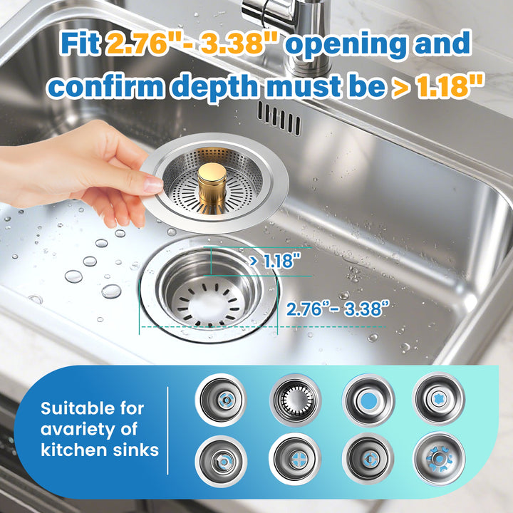 SAMODRA Upgraded 3 in 1 Kitchen Sink Strainer and Stopper, Stainless Steel Sink Drain Strainer Combo for Kitchen Sink, US Standard 3-1/2'' Drain, Anti-Clogging