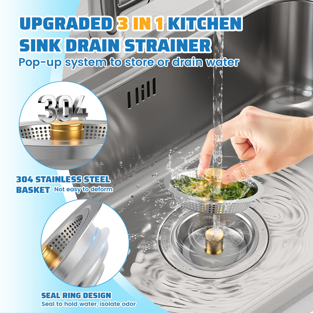 SAMODRA Upgraded 3 in 1 Kitchen Sink Strainer and Stopper, Stainless Steel Sink Drain Strainer Combo for Kitchen Sink, US Standard 3-1/2'' Drain, Anti-Clogging