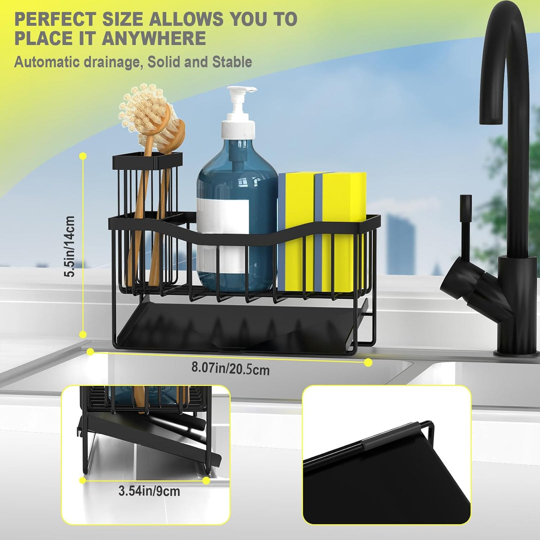 SAMODRA Black Sponge Holder for Kitchen Sink, Sink Caddy Organizer with High Brush Holder, Kitchen Sink Organizer for Sponge, Rustproof 304 Stainless Steel, Soap Dispenser Organize