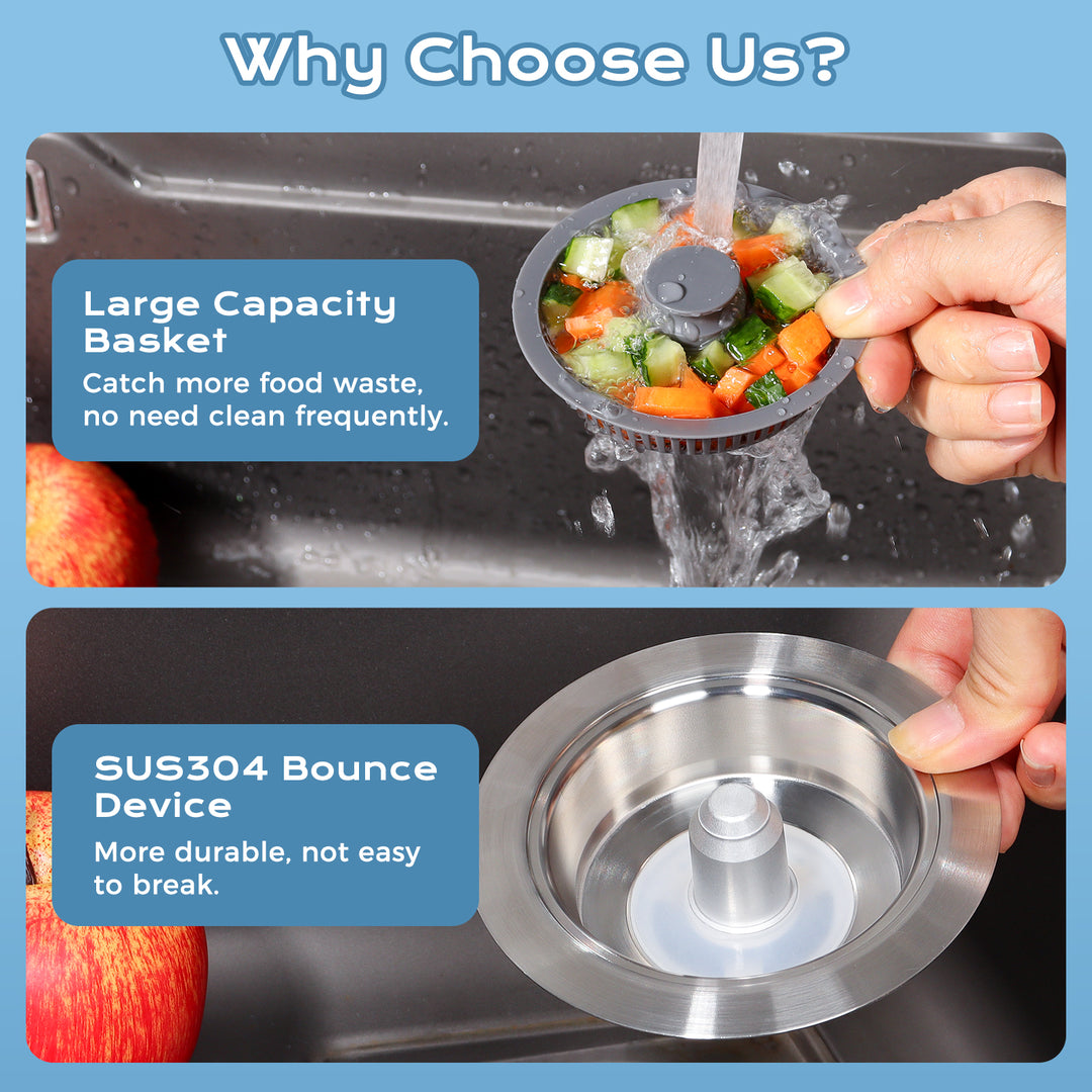 SAMODRA Upgraded 3 in 1 Kitchen Sink Strainer and Stopper, Stainless Steel Sink Drain Strainer Combo for Kitchen Sink, US Standard 3-1/2'' Drain, Anti-Clogging