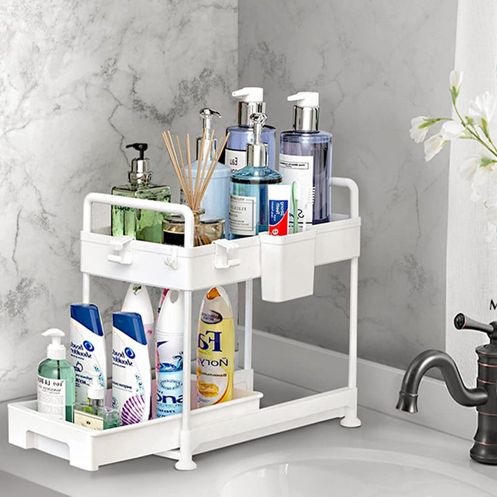 SAMODRA Under Sink Organizers and Storage, Kitchen Cabinet Storage 2 Tier Drawer Pull-able Basket Organizer Bathroom Storage Rack with Hooks, DIY Removable Dividers (White-2 Pack)