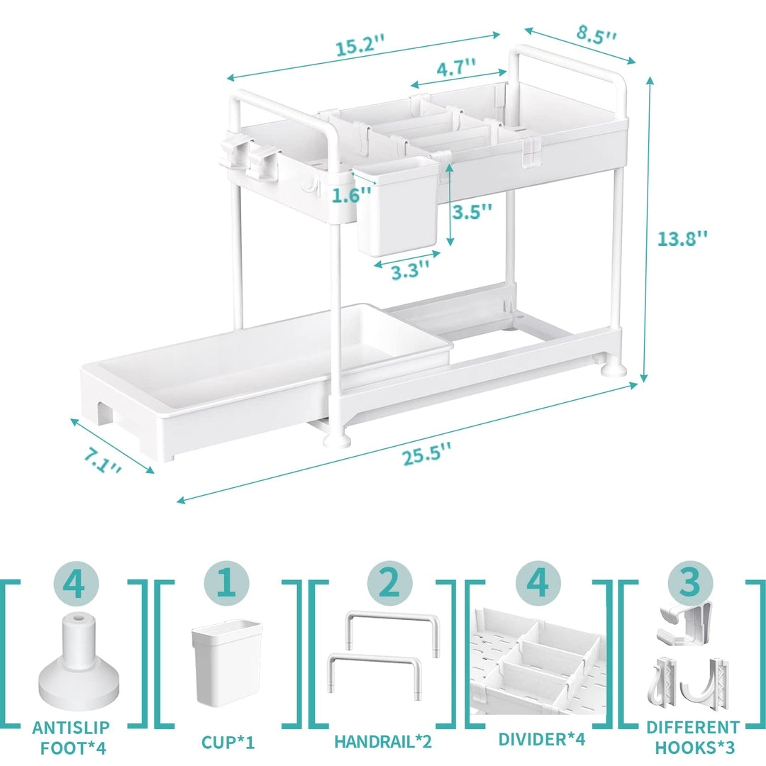 SAMODRA Under Sink Organizers and Storage, Kitchen Cabinet Storage 2 Tier Drawer Pull-able Basket Organizer Bathroom Storage Rack with Hooks, DIY Removable Dividers (White-2 Pack)