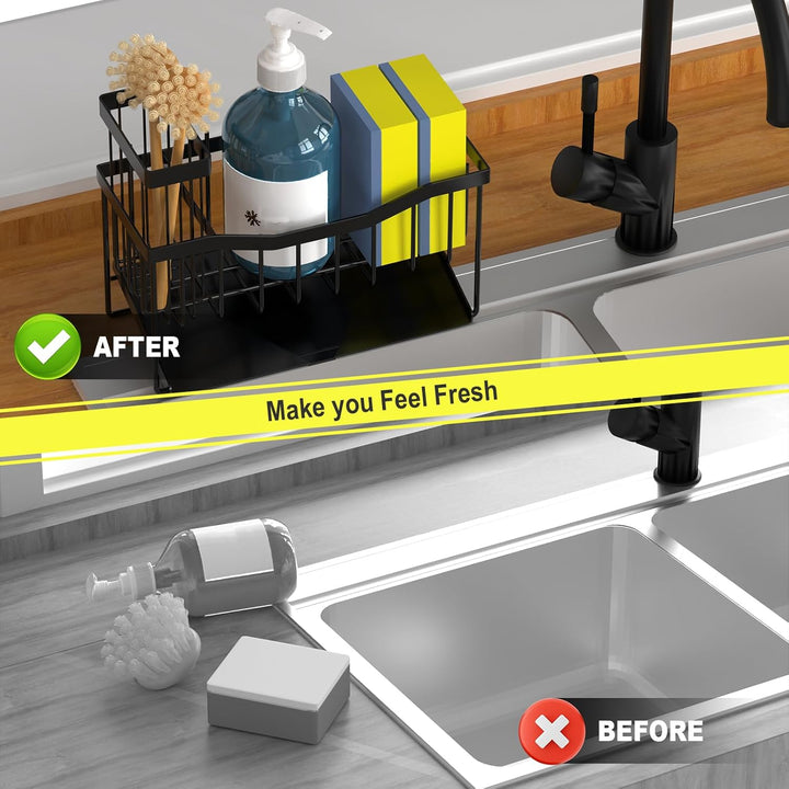 SAMODRA Black Sponge Holder for Kitchen Sink, Sink Caddy Organizer with High Brush Holder, Kitchen Sink Organizer for Sponge, Rustproof 304 Stainless Steel, Soap Dispenser Organize