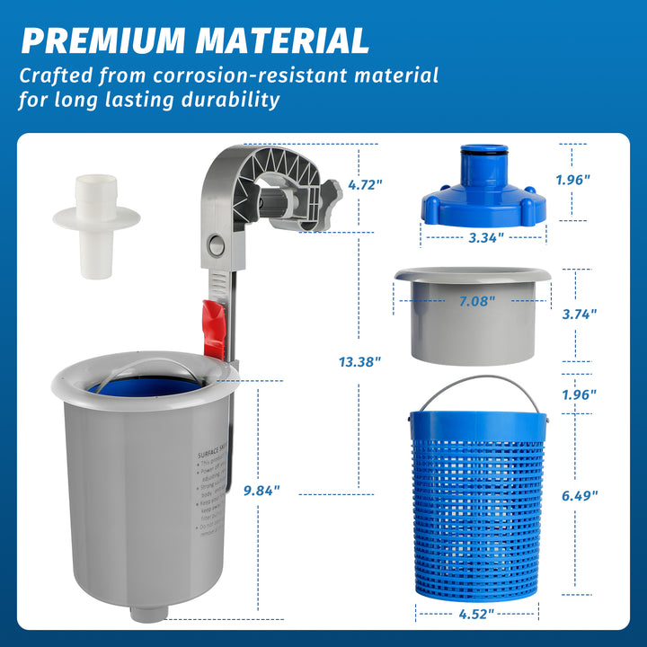 Above Ground Pool Skimmer with 4 Skimmer Socks, Floating Surface Skimmer, Wall Mount Pool Surface Skimmer with Hose and Basket, Attaches to Inflatable Collars, Tubular and Metal Frames