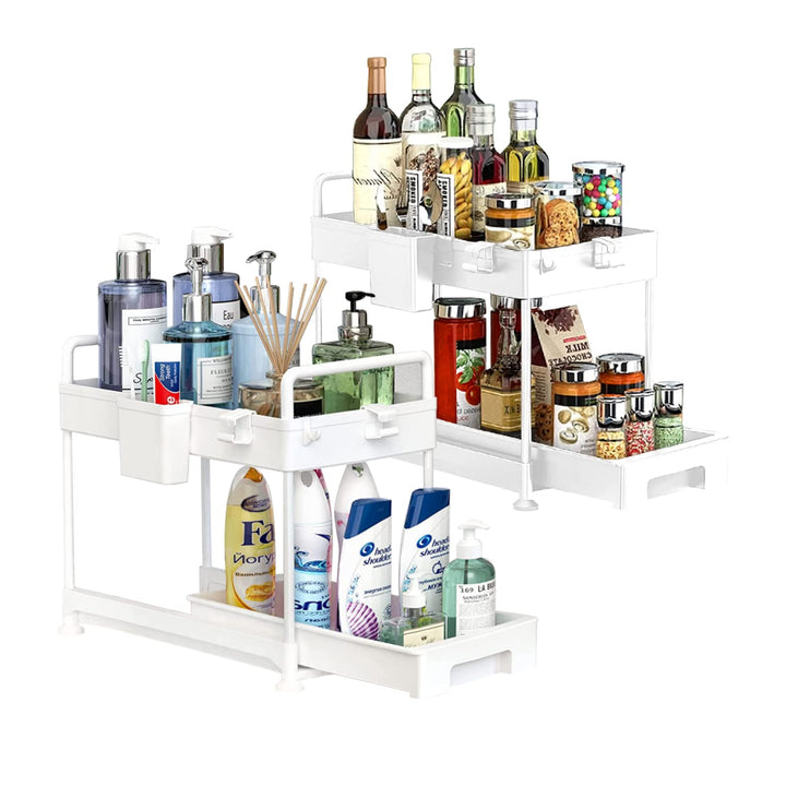 SAMODRA Under Sink Organizers and Storage, Kitchen Cabinet Storage 2 Tier Drawer Pull-able Basket Organizer Bathroom Storage Rack with Hooks, DIY Removable Dividers (White-2 Pack)