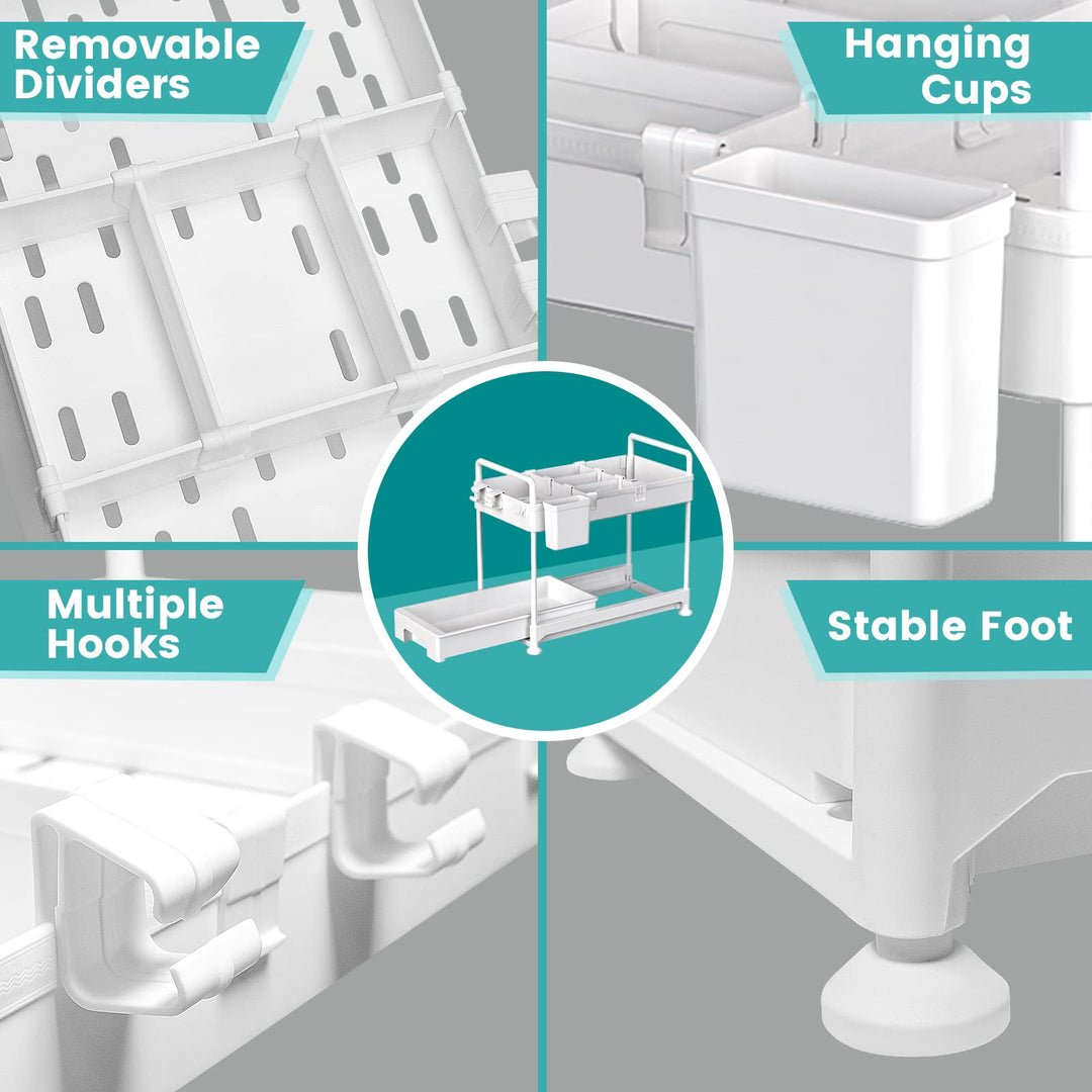 SAMODRA Under Sink Organizers and Storage, Kitchen Cabinet Storage 2 Tier Drawer Pull-able Basket Organizer Bathroom Storage Rack with Hooks, DIY Removable Dividers (White-2 Pack)