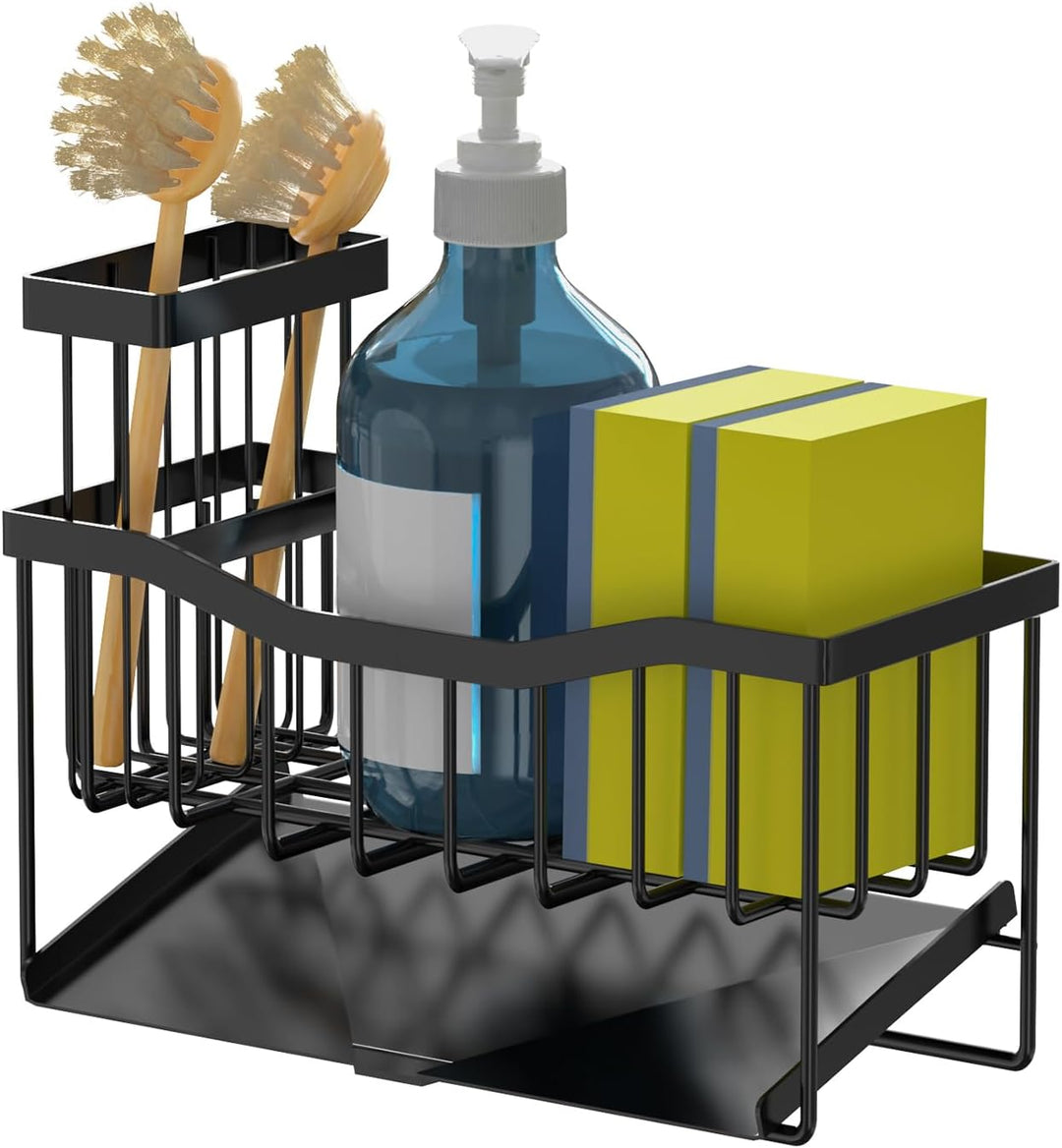 SAMODRA Black Sponge Holder for Kitchen Sink, Sink Caddy Organizer with High Brush Holder, Kitchen Sink Organizer for Sponge, Rustproof 304 Stainless Steel, Soap Dispenser Organize