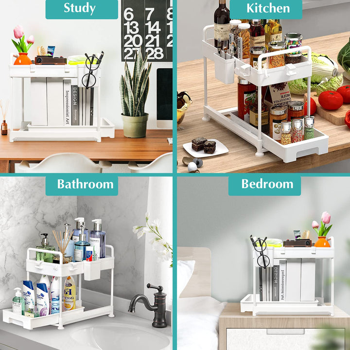 SAMODRA Under Sink Organizers and Storage, Kitchen Cabinet Storage 2 Tier Drawer Pull-able Basket Organizer Bathroom Storage Rack with Hooks, DIY Removable Dividers (White-2 Pack)