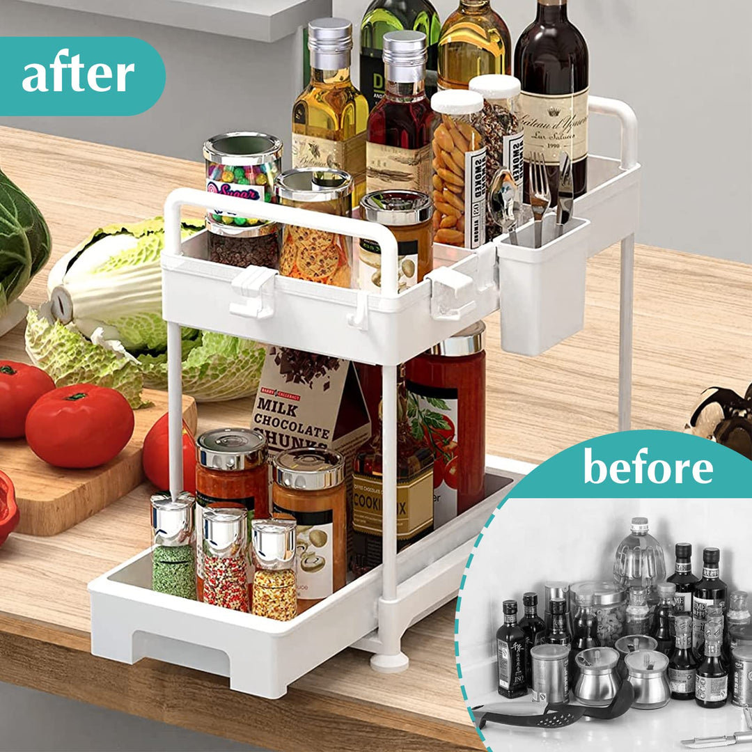 SAMODRA Under Sink Organizers and Storage, Kitchen Cabinet Storage 2 Tier Drawer Pull-able Basket Organizer Bathroom Storage Rack with Hooks, DIY Removable Dividers (White-2 Pack)