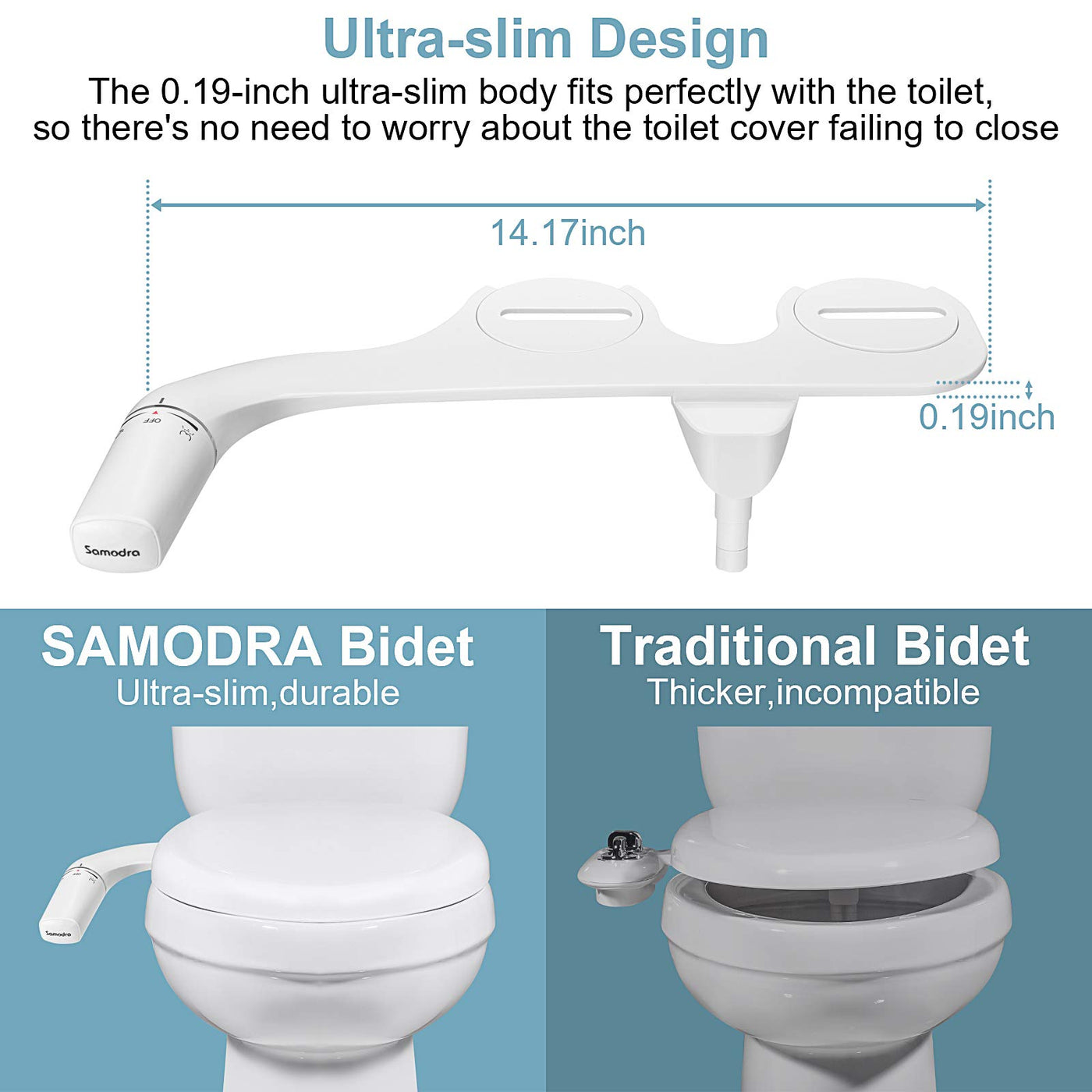 SAMODRA Self Cleaning Bidet for Toilet, Ultra-Slim Single Nozzle Bidet Attachment for Toilet with Adjustable Water Pressure, Fresh Water Non-Electric Bidet，Minimalist Bidet Ease of Use