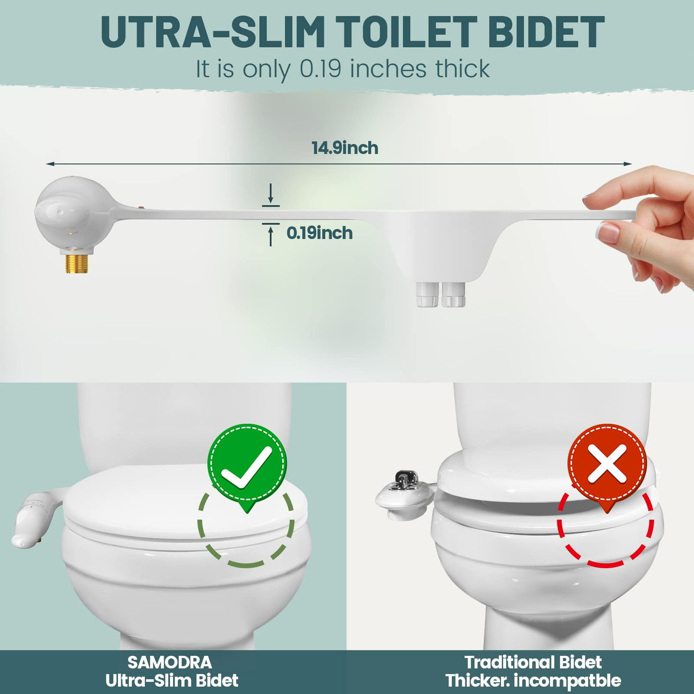 SAMODRA Self Cleaning Bidet for Toilet, Ultra-Slim Single Nozzle Bidet  Attachment for Toilet with Adjustable Water Pressure, Fresh Water  Non-Electric Bidet，Minimalist Bidet Ease of Use 