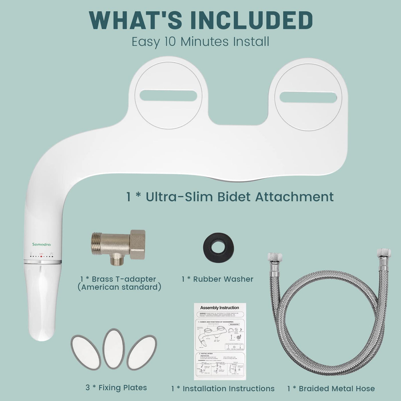 SAMODRA Ultra-Slim Bidet Attachment, Non-Electric Dual Nozzle (Frontal & Rear Wash) Adjustable Water Pressure Fresh Water Bidet Toilet Seat Attachment with Brass Inlet, Easy to Install (White-Silver)